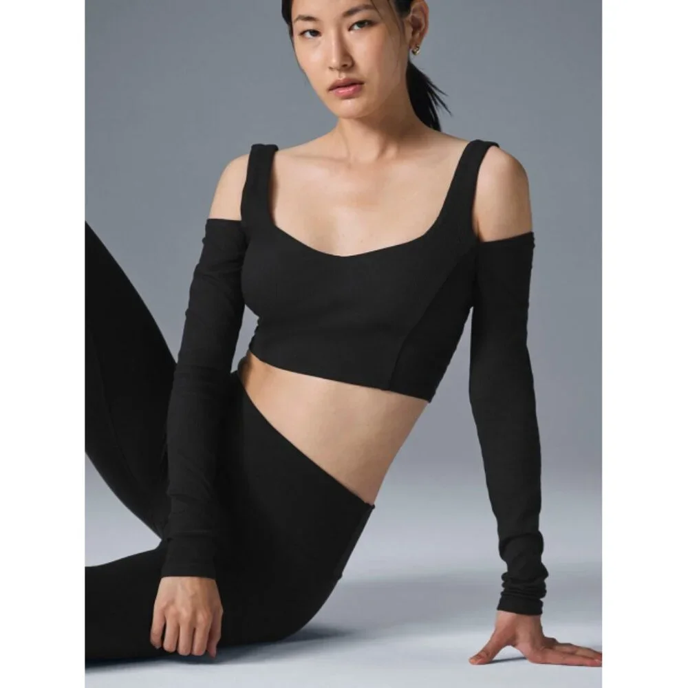 Alo Ribbed Cropped Butterfly Long Sleeve Black Open Cold Shoulder Cut-Out Cutout